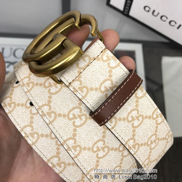 GUCCI古馳 官網經典款 原單品質 專櫃PVC新花色 米白提花面料 原單復古GG古金扣 男士皮帶  xfp1445